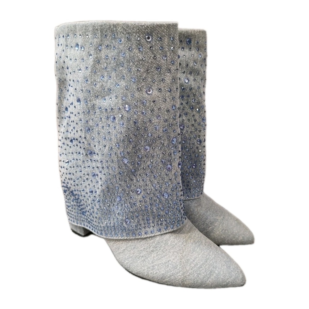 Elegant Sparkling Blue Denim Rhinestone Western Cowboy Calf Boots Women‎ 7.5-8